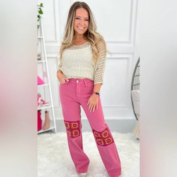 Judy Blue Pink Wide-Leg Jeans with Crochet Patches with all the stretch. - Picture 2 of 6